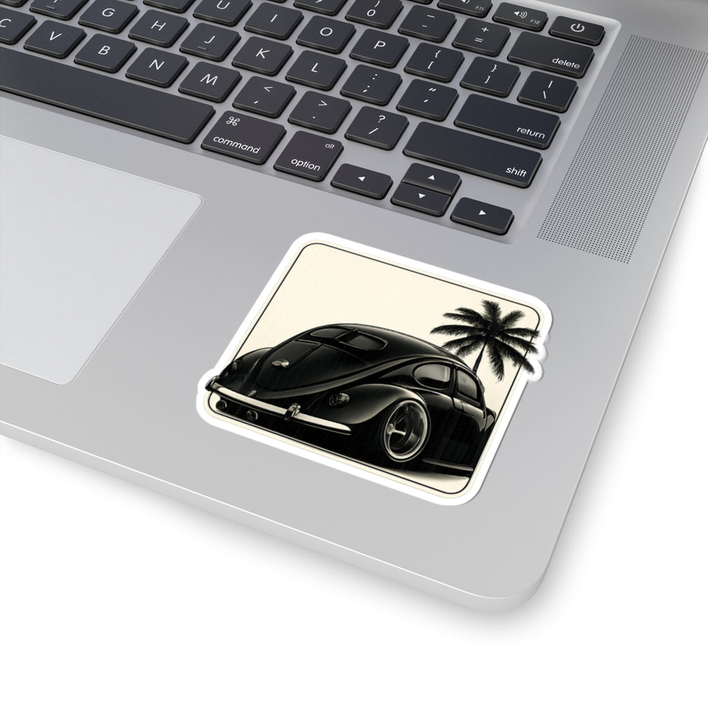 Retro VW Beetle Sticker — Vintage Black Car with Palm Tree Kiss-Cut Sticker