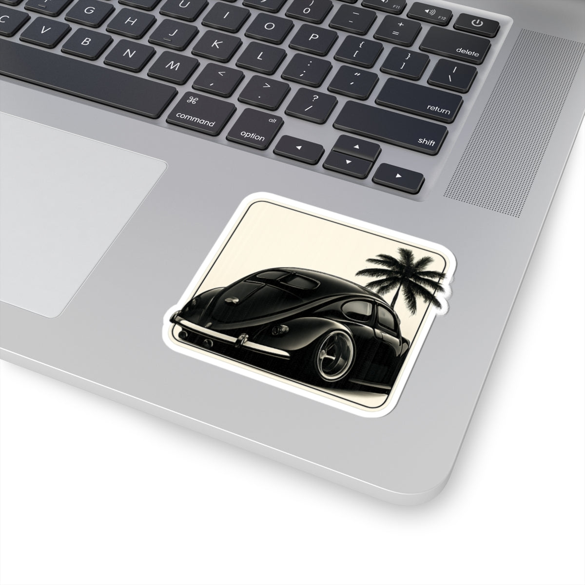 Retro VW Beetle Sticker — Vintage Black Car with Palm Tree Kiss-Cut Sticker