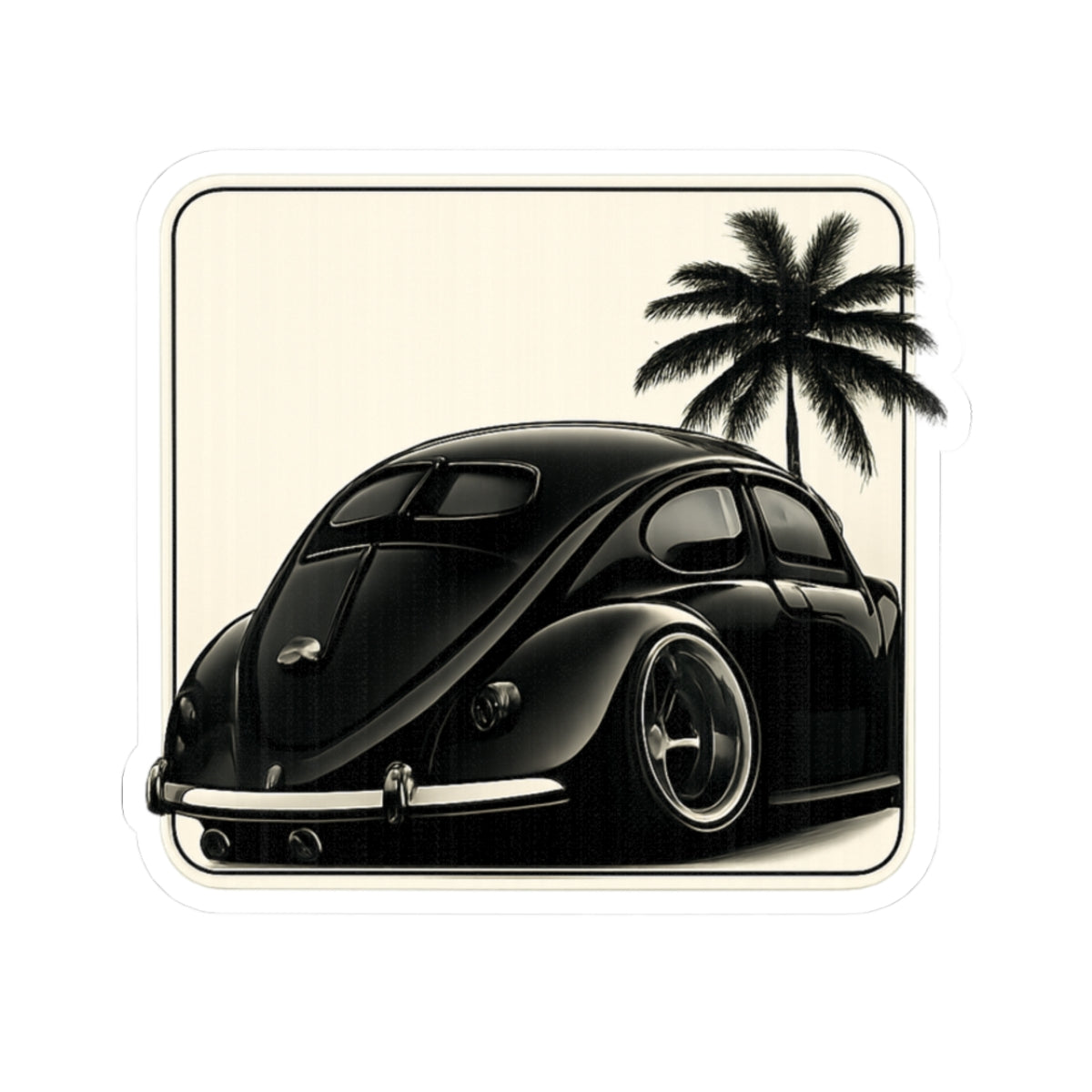 Retro VW Beetle Sticker — Vintage Black Car with Palm Tree Kiss-Cut Sticker