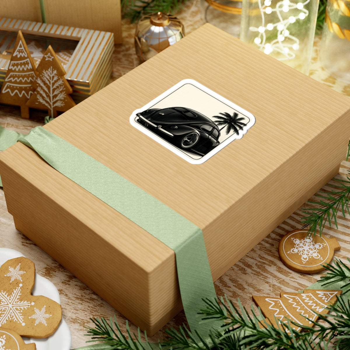 Retro VW Beetle Sticker — Vintage Black Car with Palm Tree Kiss-Cut Sticker